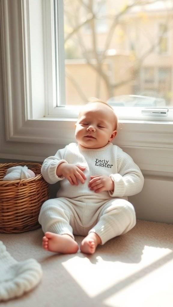 A sleeping newborn in a light blue onesie and a duck-themed hat, resting by a window with soft natural light.