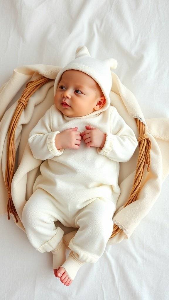 A newborn in a cream-colored outfit, lying in a basket with a soft blanket.