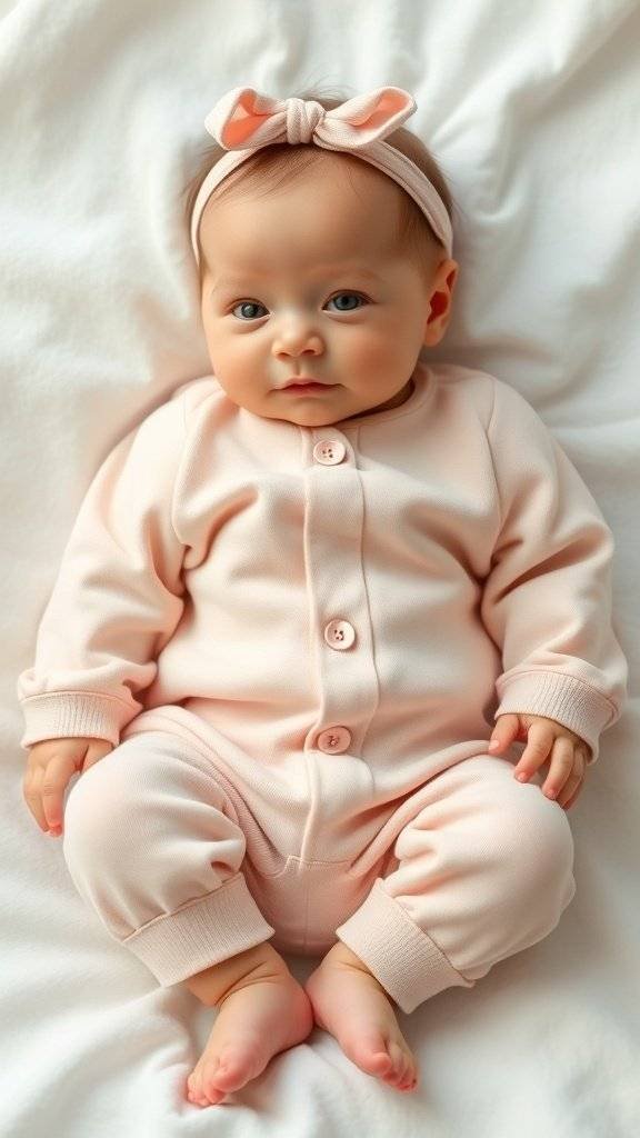 A newborn wearing a pale blush romper with bunny ears headband, resting on a knitted blanket.