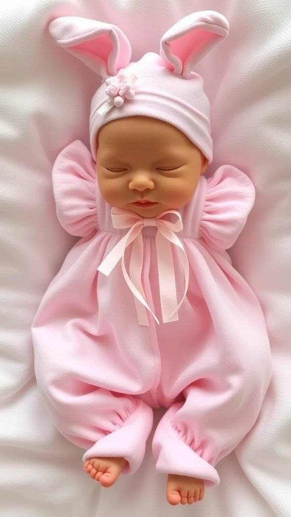 Newborn in a cream-colored outfit with bunny ears and a yellow ribbon detail, resting on a cozy blanket.
