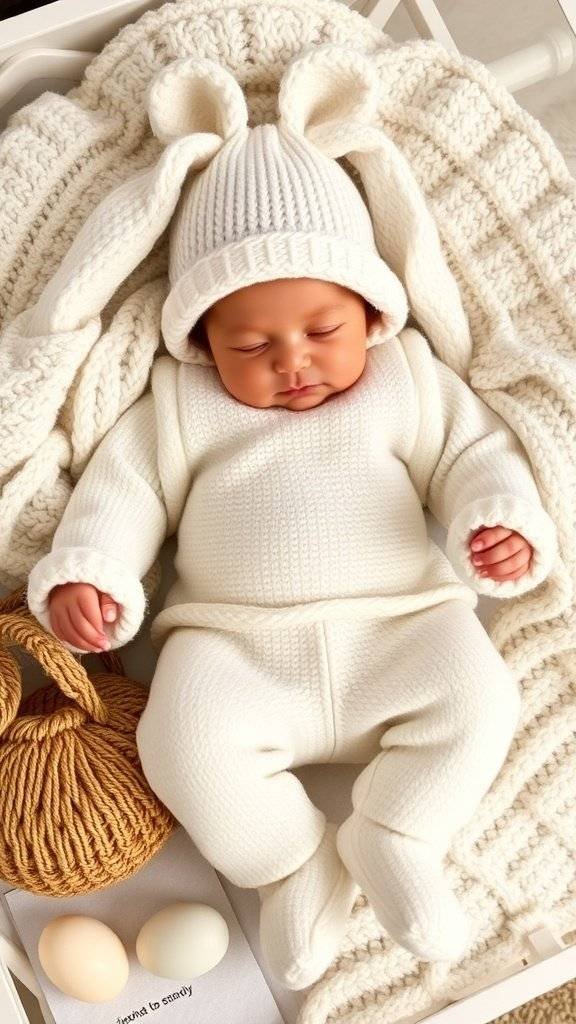 Newborn in a cozy cream-colored outfit with a bunny hat, surrounded by plush toys.