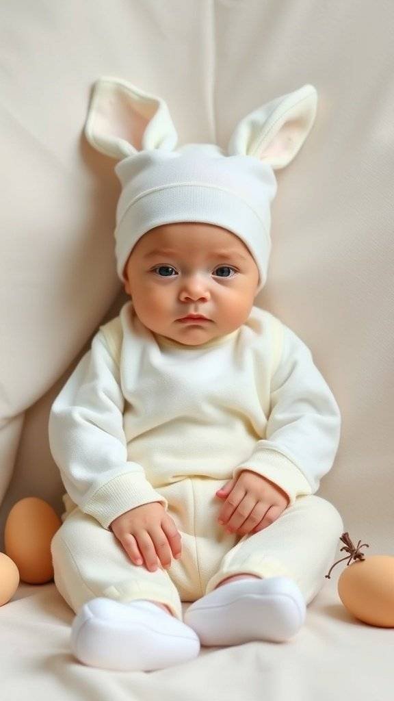 Newborn in a cream-colored outfit with bunny ears, surrounded by Easter eggs.