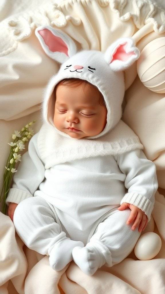 Newborn in a bunny outfit on soft bedding with flowers and an egg