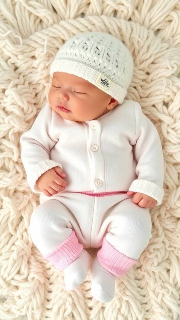 Newborn in a white knit outfit and hat, holding an egg