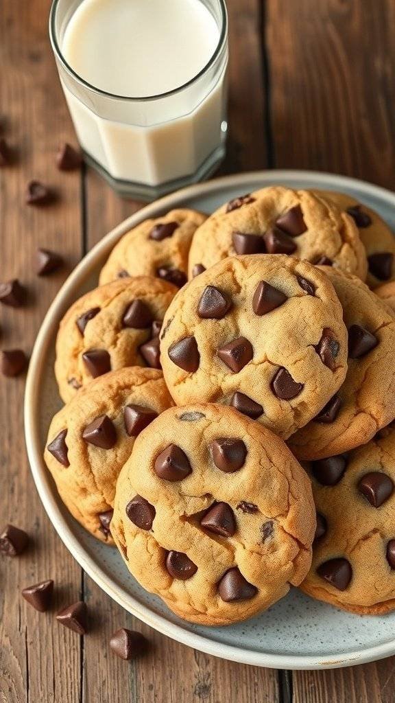 A plate of chocolate chip cookies with a glass of milk