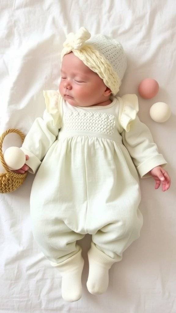 A newborn dressed in a cream-colored knit outfit with a bunny-eared hat and pink bow, surrounded by a soft blanket.