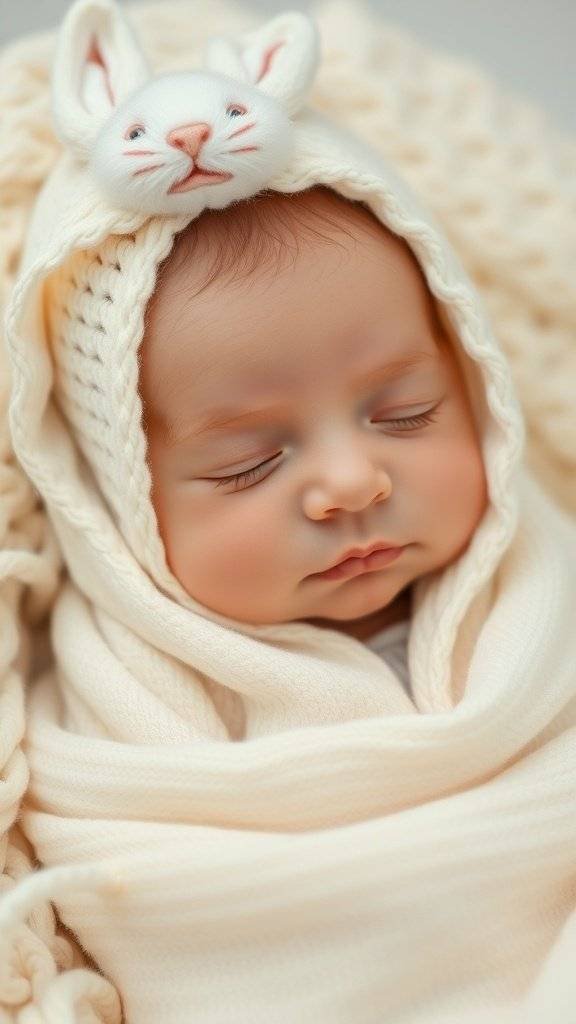 A newborn wrapped in a soft cream outfit with a bunny ear hat, sleeping peacefully.
