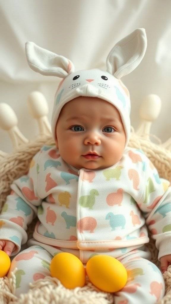 Newborn in a soft pastel outfit with bunny ears, surrounded by yellow Easter eggs.