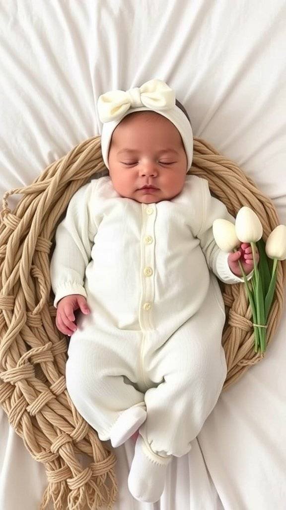 Newborn wearing a cream-colored outfit with bunny ears hat, sleeping peacefully.