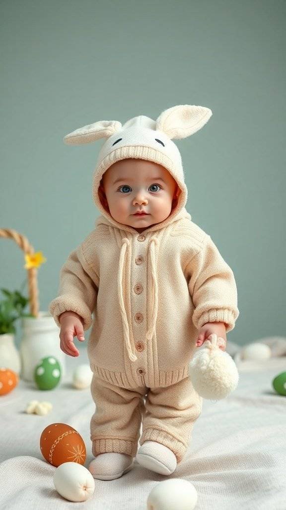 A newborn wearing a cream-colored bunny-themed outfit with a hood and ears, surrounded by colorful Easter eggs.