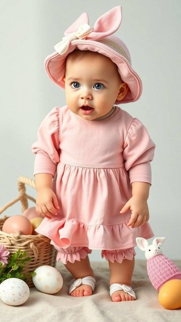A newborn wearing a soft pink dress with ruffles and a bunny ear hat, surrounded by Easter eggs and a basket.