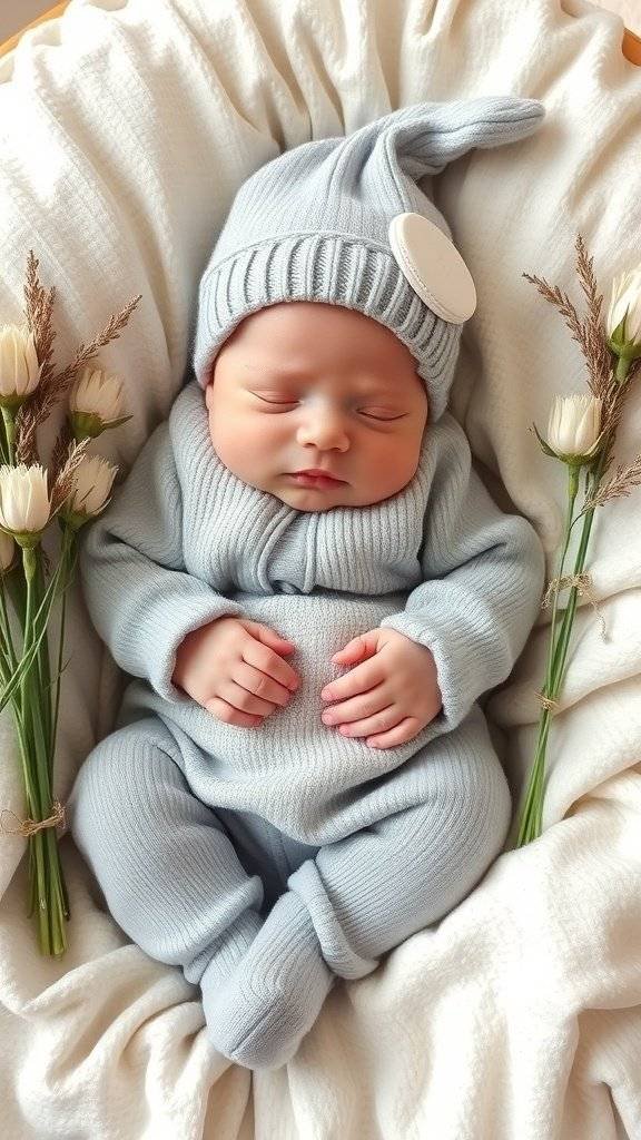 A newborn dressed in a soft grey outfit with bunny ears, lying on a knitted blanket with a white egg nearby.