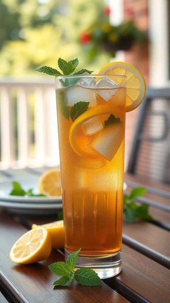 A glass of iced tea with lemon and mint on a wooden table, surrounded by lemon halves and fresh mint leaves.