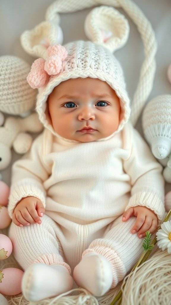 A newborn dressed in a light cream onesie and a knitted bunny hat, surrounded by pastel decorations for Easter.
