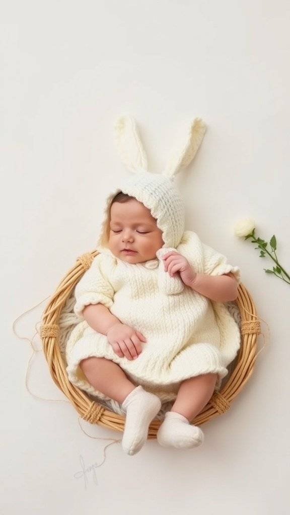 A peaceful newborn dressed in a neutral knitted outfit, surrounded by Easter-themed decorations.