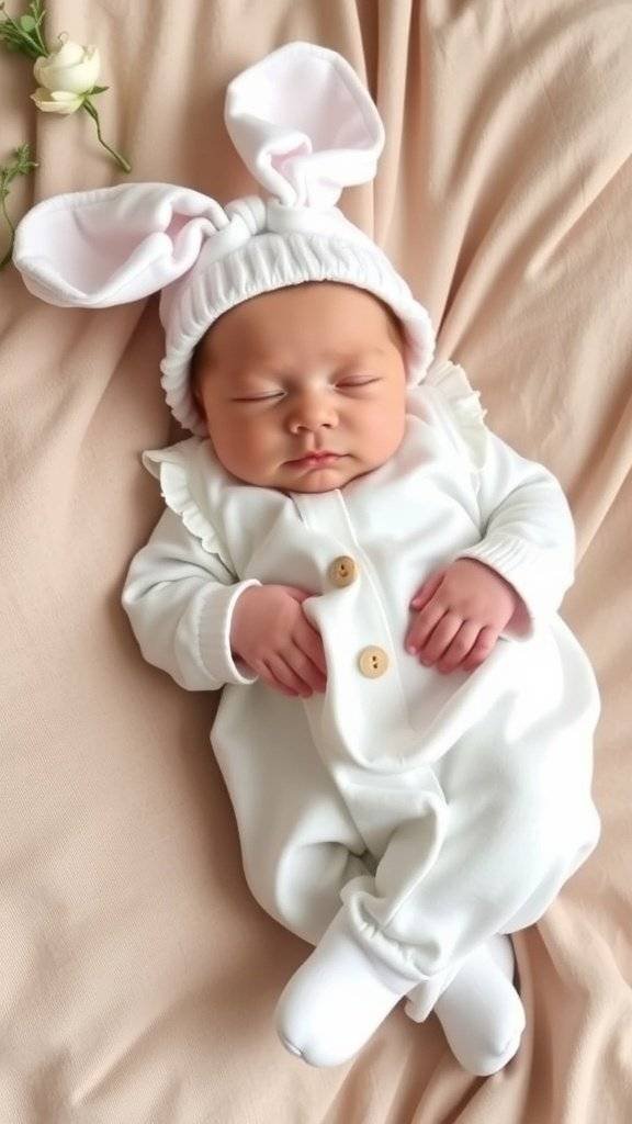Newborn in cream Easter outfit with bunny hat and pastel eggs