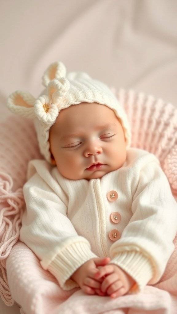 A sleeping newborn in a cream outfit with bunny ears, surrounded by soft pastel colors.