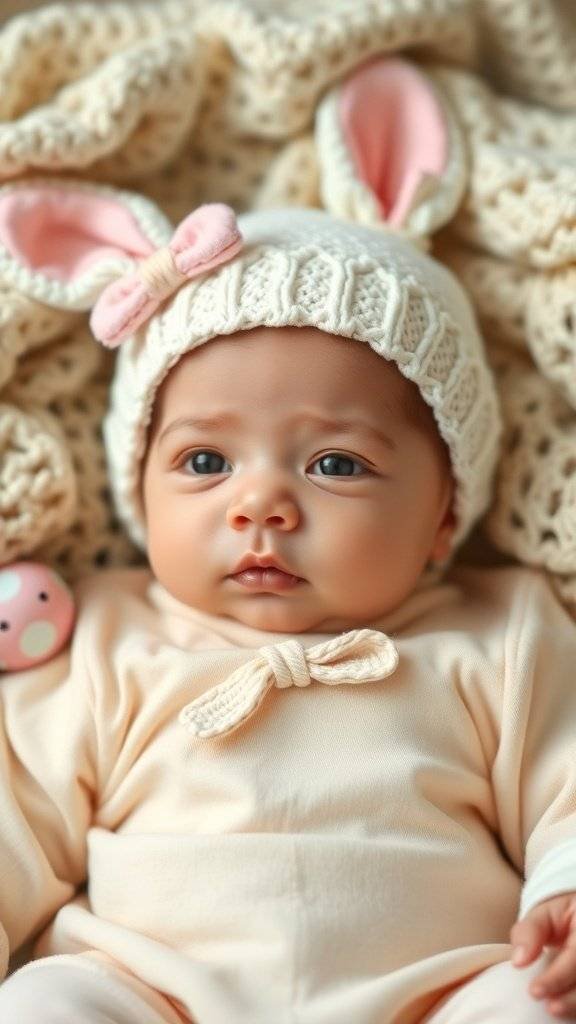 Newborn in a pastel onesie and bunny ear hat, lying on a textured blanket.