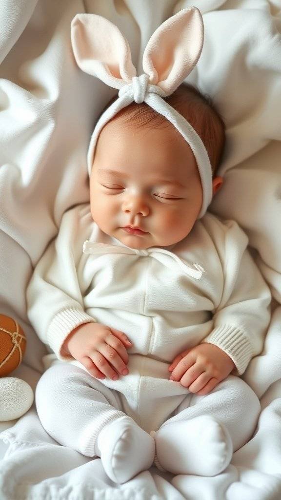 Newborn in a pink knit outfit with a bunny hat, surrounded by pastel eggs and tulips.