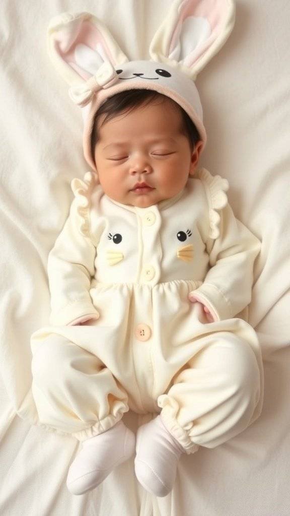 A peaceful newborn dressed in a cream and white outfit with bunny ears, surrounded by soft decor.