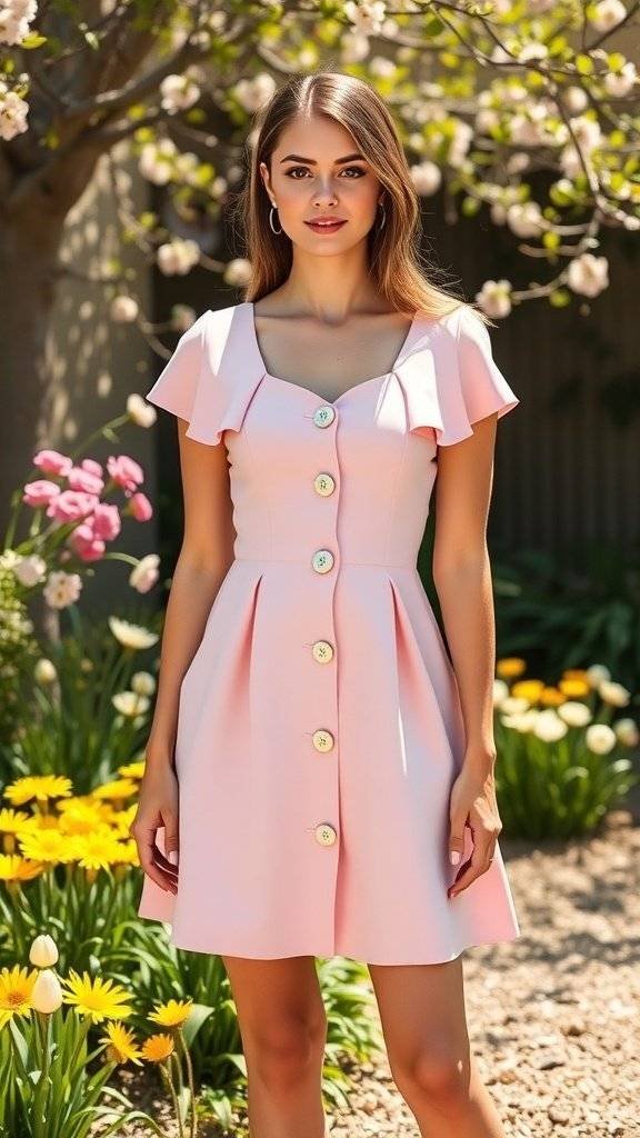 A woman wearing a pastel pink mod mini dress with ruffled sleeves and buttons, standing in a garden filled with flowers.
