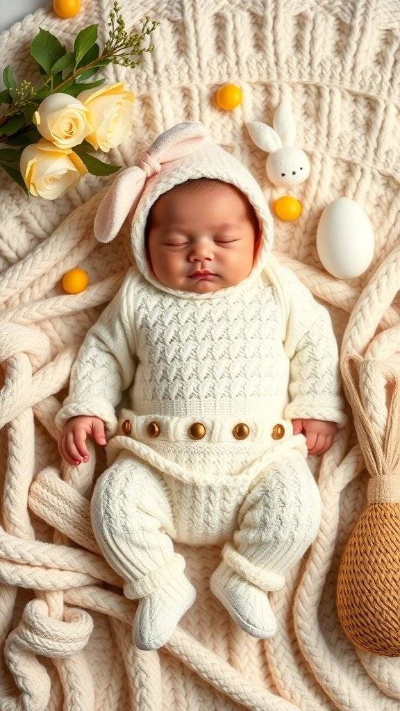 Flat lay of a soft textured newborn Easter outfit with a knitted design, surrounded by flowers and Easter decorations.