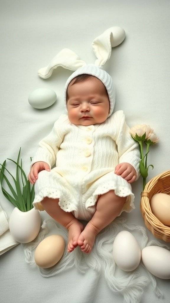 Newborn in a cream-colored romper with bunny ears, surrounded by Easter eggs and flowers.