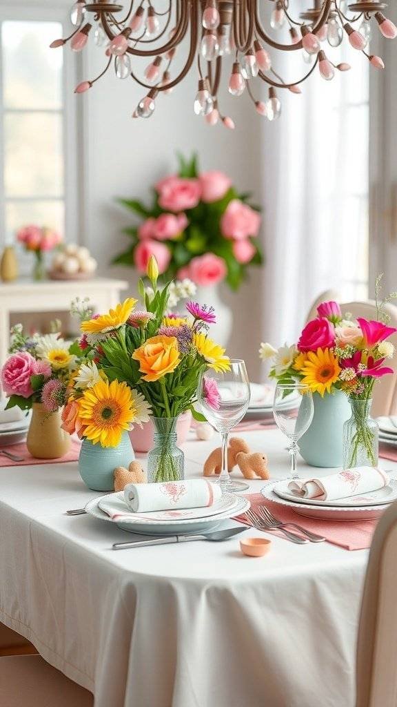 A beautifully set Easter table with colorful flowers, elegant tableware, and playful decorations.