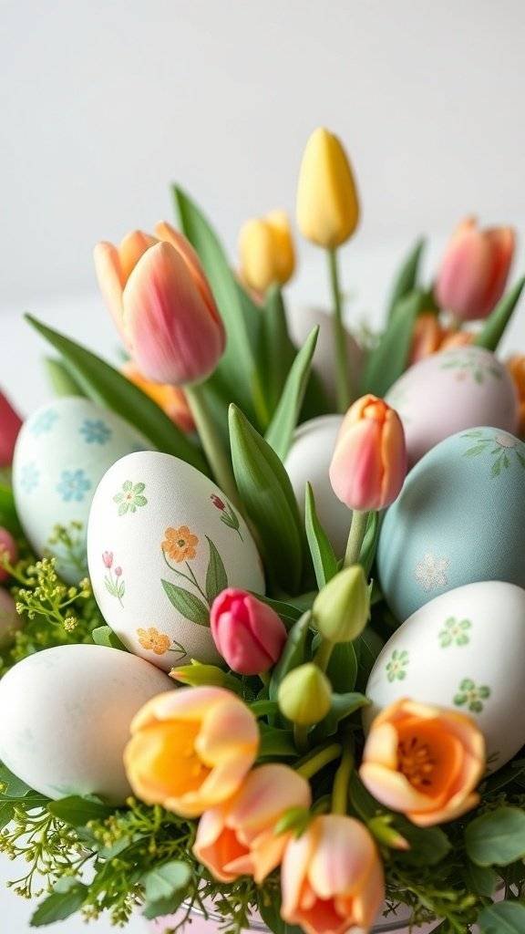 A colorful display of pastel Easter eggs surrounded by vibrant garden flowers, including pink and yellow tulips.