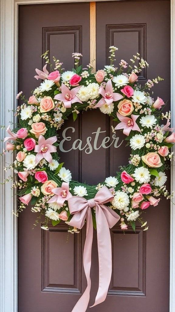 A colorful spring wreath with pink roses, daisies, and lilies, adorned with a pink ribbon, hanging on a door.