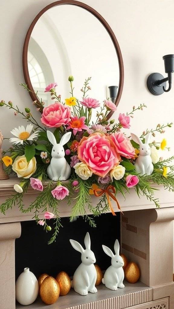A beautifully decorated Easter mantel with flowers, bunnies, and golden eggs.