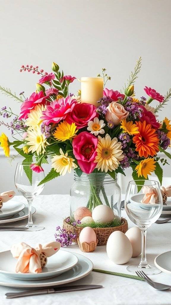 A colorful Easter centerpiece featuring flowers and pastel eggs on a dining table.
