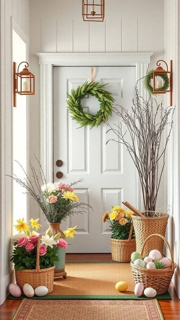 A springtime entryway decorated with colorful flowers, Easter eggs, and a green wreath.