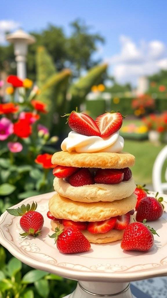 A beautiful display of old-fashioned strawberry shortcake with whipped cream, surrounded by fresh strawberries and colorful flowers.