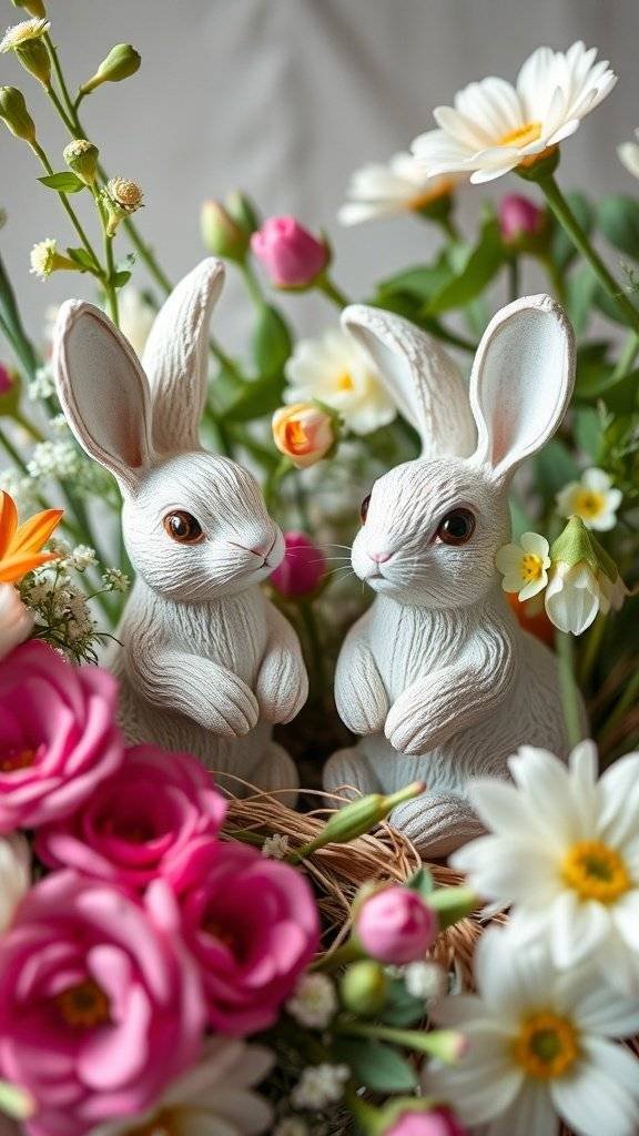 Pastel bunny figurines surrounded by colorful flowers