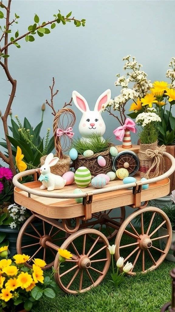 A garden cart decorated for Easter with flowers, bunny figurines, and colorful eggs.