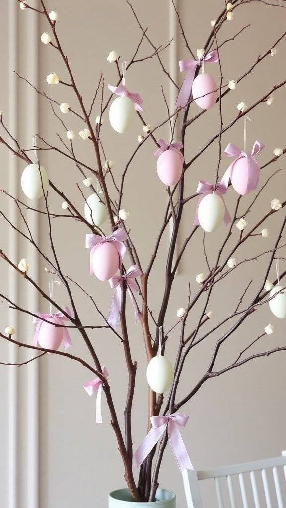 A bare tree with pastel-colored Easter eggs and pink ribbons hanging from its branches.