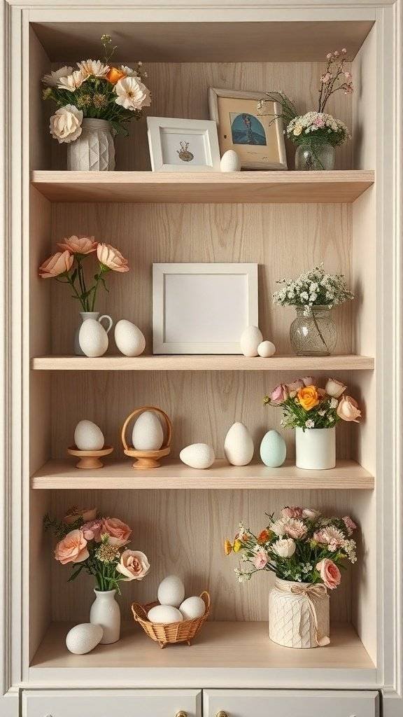 A beautifully styled shelf featuring flowers and decorative eggs for Easter.