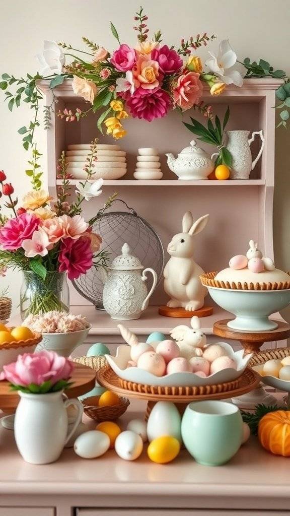 A beautifully arranged Easter buffet table with flowers, pastel-colored eggs, and a bunny figurine.