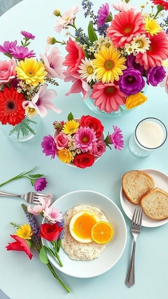 A colorful Easter brunch table with flowers, a plate of bread topped with an egg, and a glass of drink.