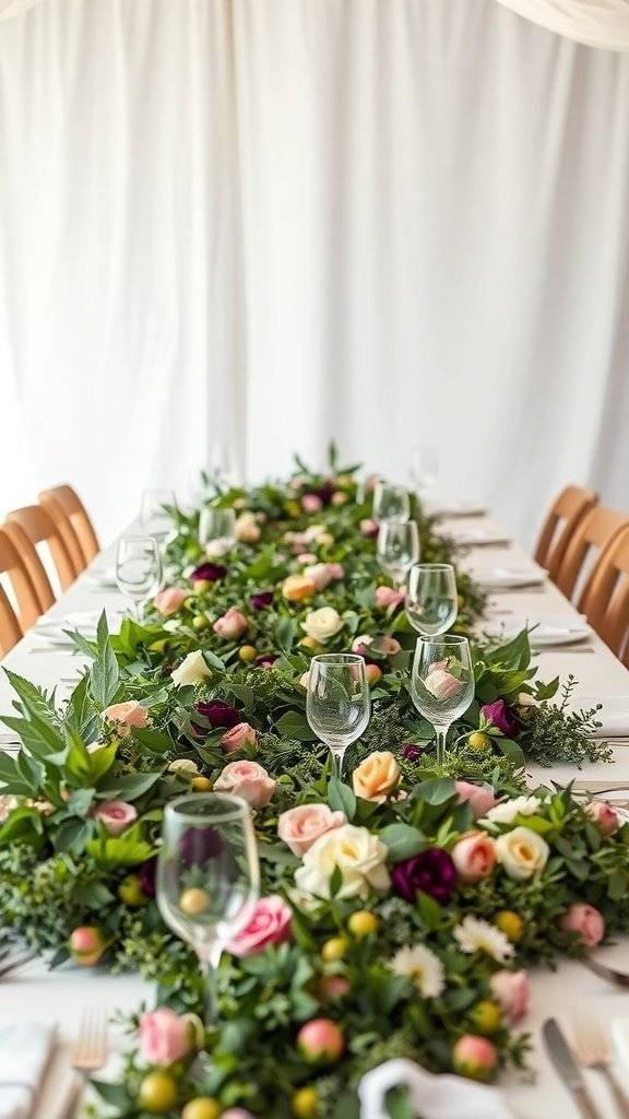 A beautifully styled table with a floral runner featuring roses and greenery, set for an Easter celebration.