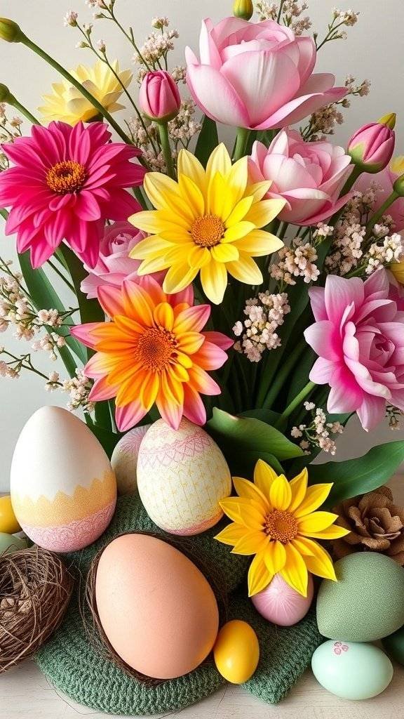 A colorful arrangement of flowers and Easter eggs, featuring bold blooms and pastel colors.
