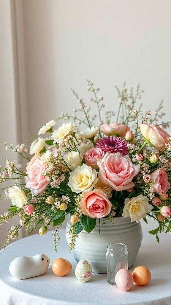 A spring flower arrangement featuring pink and white roses with Easter decorations like pastel eggs and a small figure.