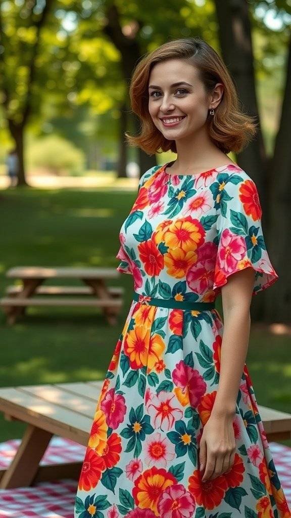 A woman wearing a bold floral swing dress with bright colors, smiling in a park setting.