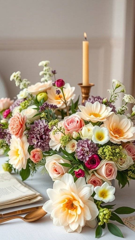 A beautifully styled Easter table with mixed floral arrangements and a candle.