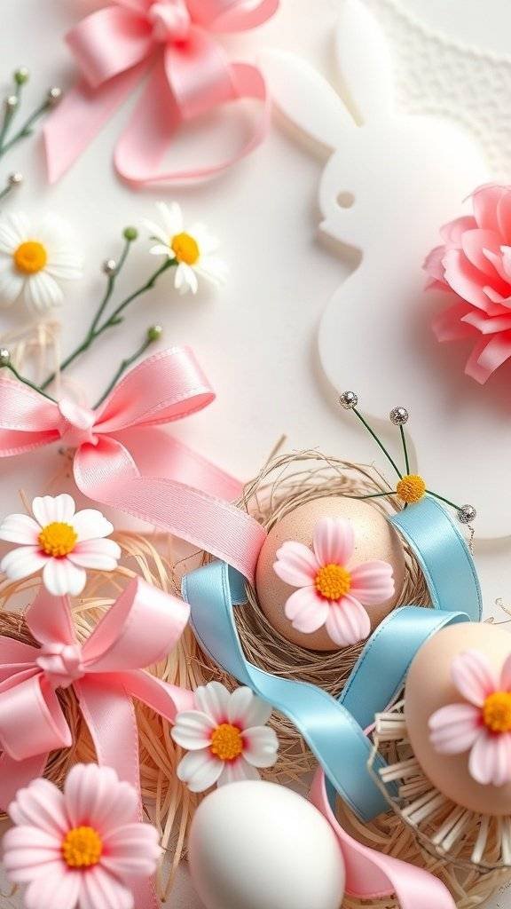 Colorful Easter decorations with flowers, ribbons, and eggs