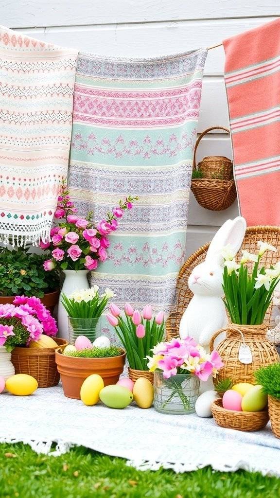 Colorful Easter picnic setup with flowers, decorated eggs, and a striped tent in a garden.