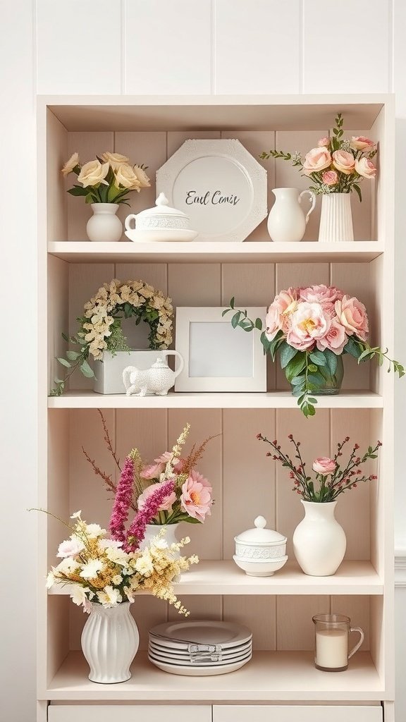 A shelf decorated with floral arrangements, including pink and white flowers, a decorative plate, and a bunny figurine.