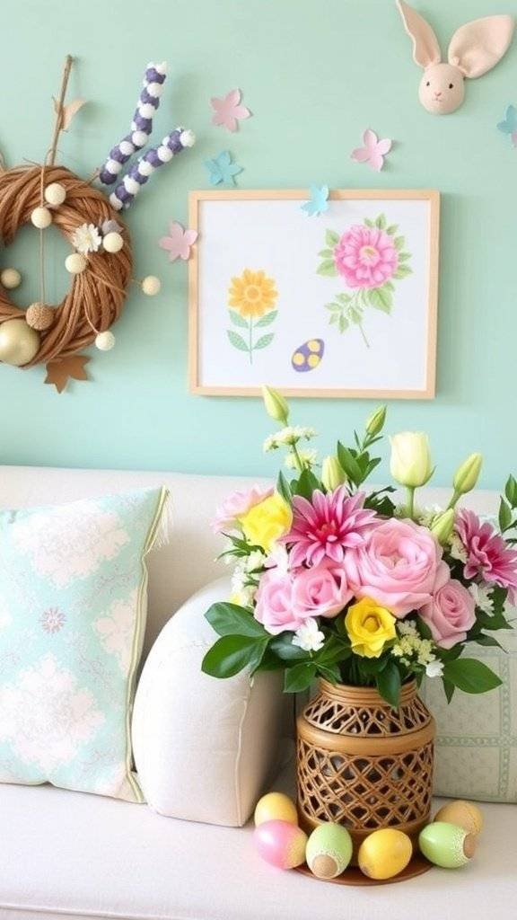 A festive Easter decoration featuring a bunny, colorful flowers, and decorated eggs.