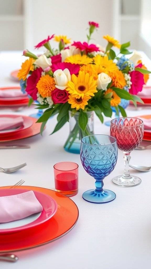 A colorful Easter table setting with vibrant flowers and tableware.